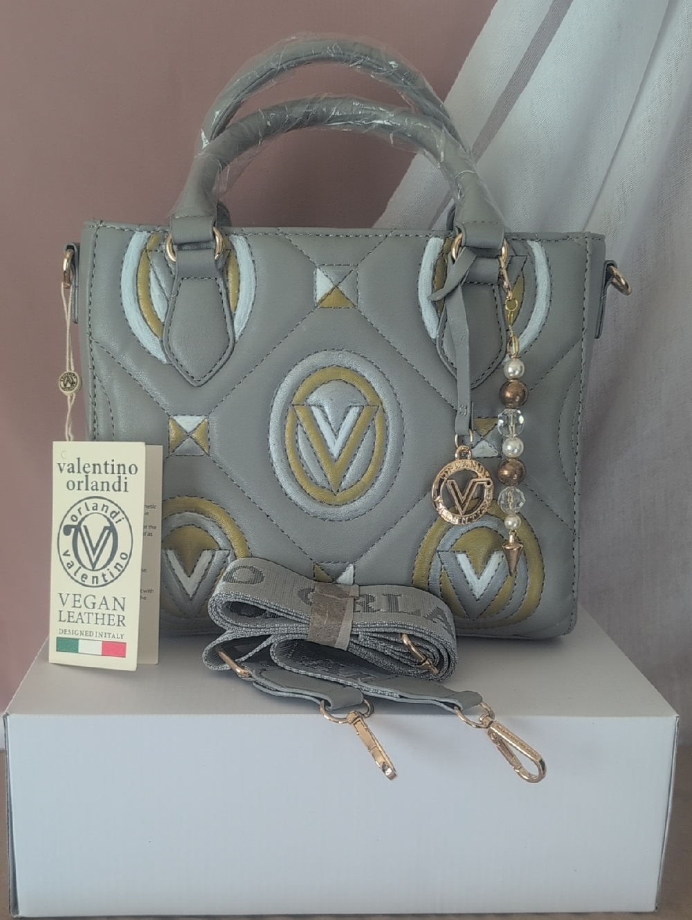 Valentino Orlandi Gray and Gold Quilted Vegan Leather Satchel